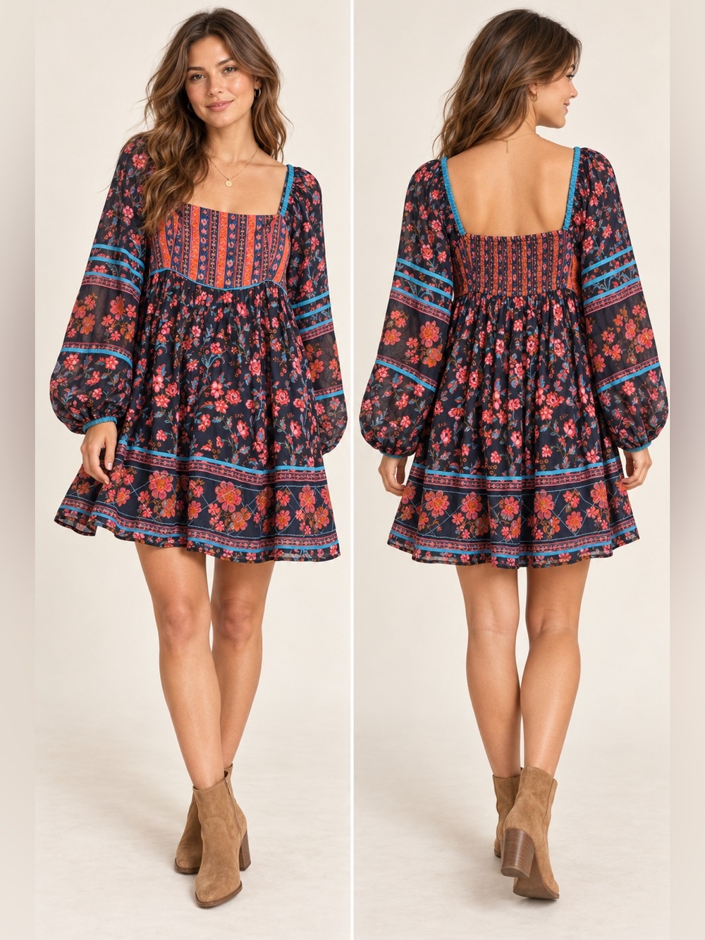 Free People Boho Floral Romantic Square-Neck Relaxed Flowy Mini Dress Medium
